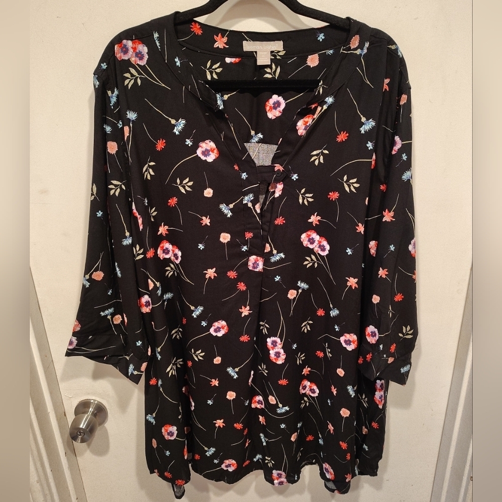 Woman Within Black & Pink Floral Long Tunic Top Sz 2X Causal Party Event V-Neck